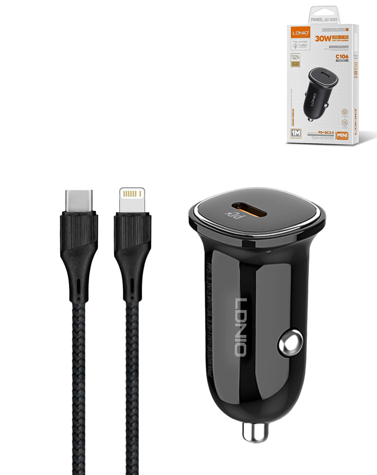 LDNIO C106 Dual USB-C Car Charger with USB-C to Lightning Cable — 30W, 3 ft