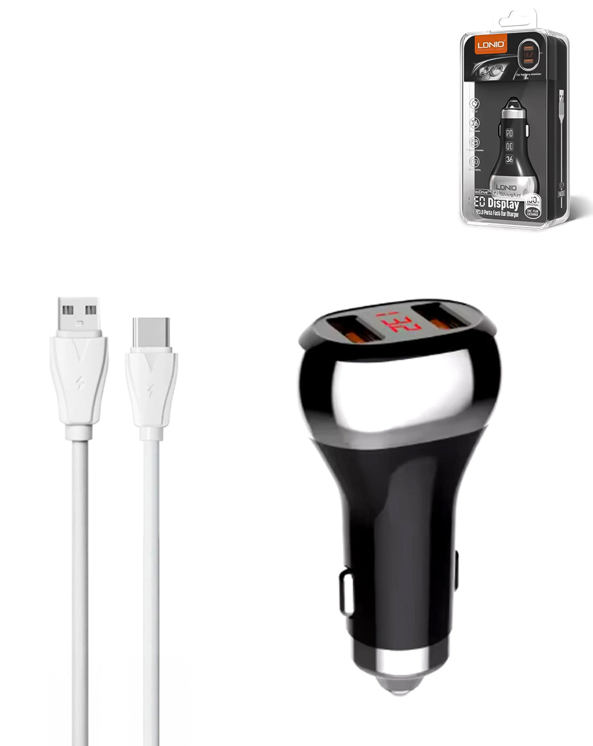 LDNIO C2 Dual USB-A Car Charger with USB-A to USB-C Charging Cable — 36W, 3 ft