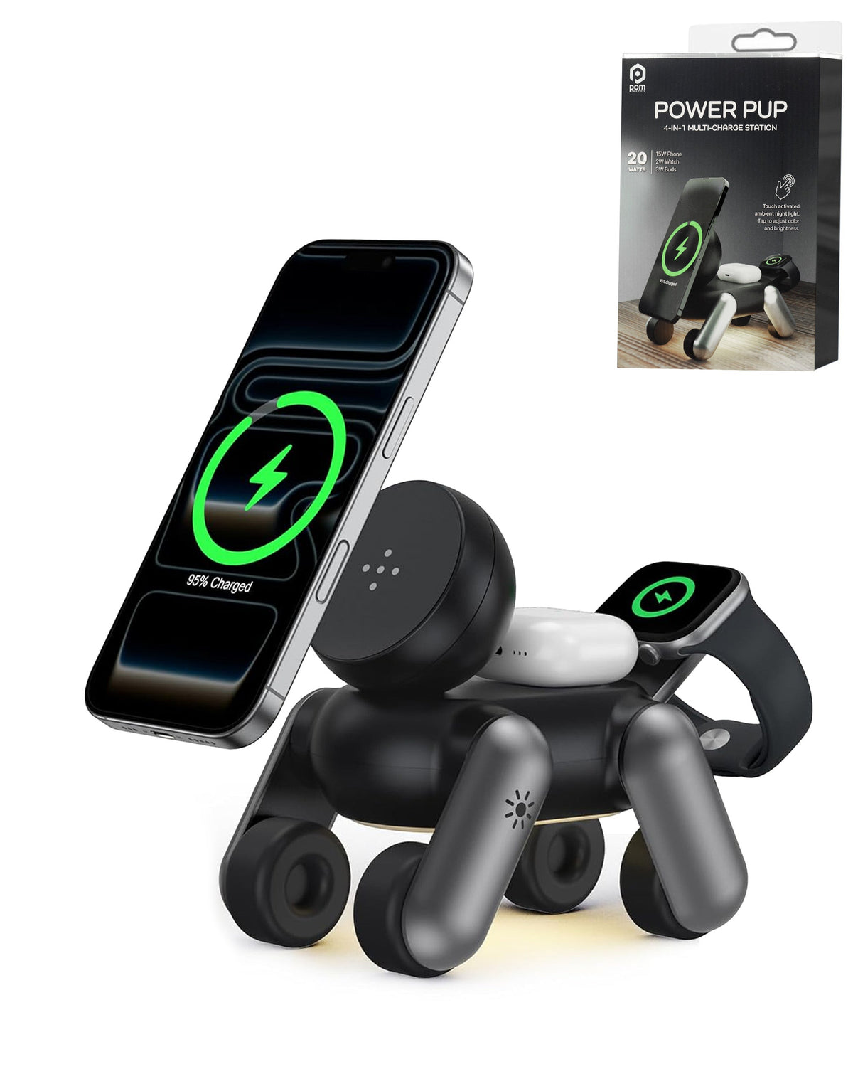 4-in-1 Dog Wireless Charger Stand with Touch Night Light — 15W, Black