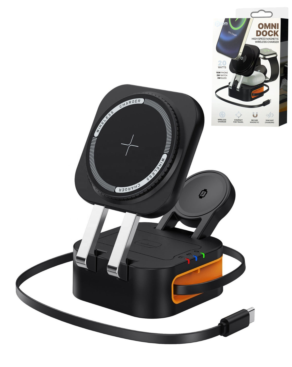 4-in-1 Wireless Charging Stand for Phone, Watch & AirPods with Retractable Cable — 15W, Black