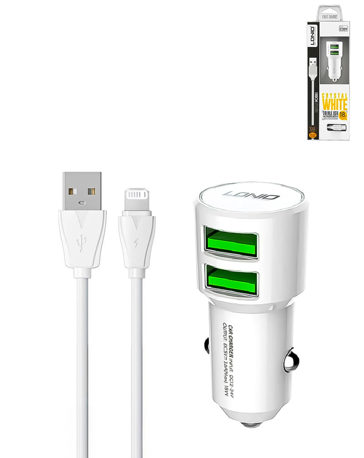 LDNIO C309 3.6A Dual USB-A Car Charger with USB-A to Lightning Cable — 18W, 3 ft, White