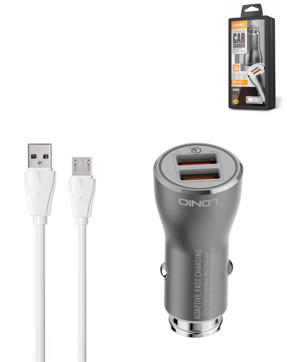 LDNIO C407Q Dual USB-A Car Charger with USB-A to Micro USB Cable — 30W, 3 ft