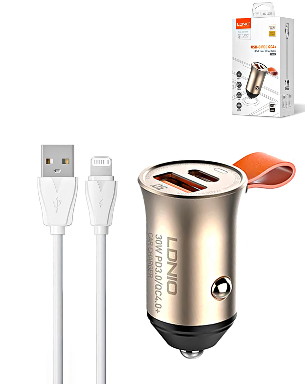 LDNIO C509Q Dual USB-A + USB-C Car Charger with USB-A to Lightning Cable — 18W, 3 ft