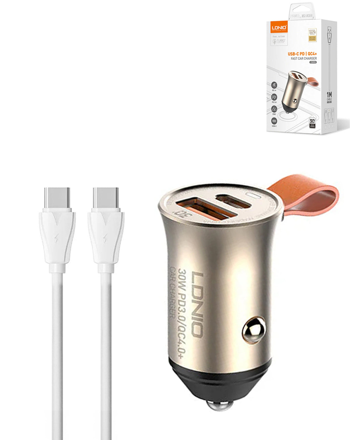 LDNIO C509Q Dual USB-A + USB-C Car Charger with USB-C to USB-C Cable — 18W, 3 ft