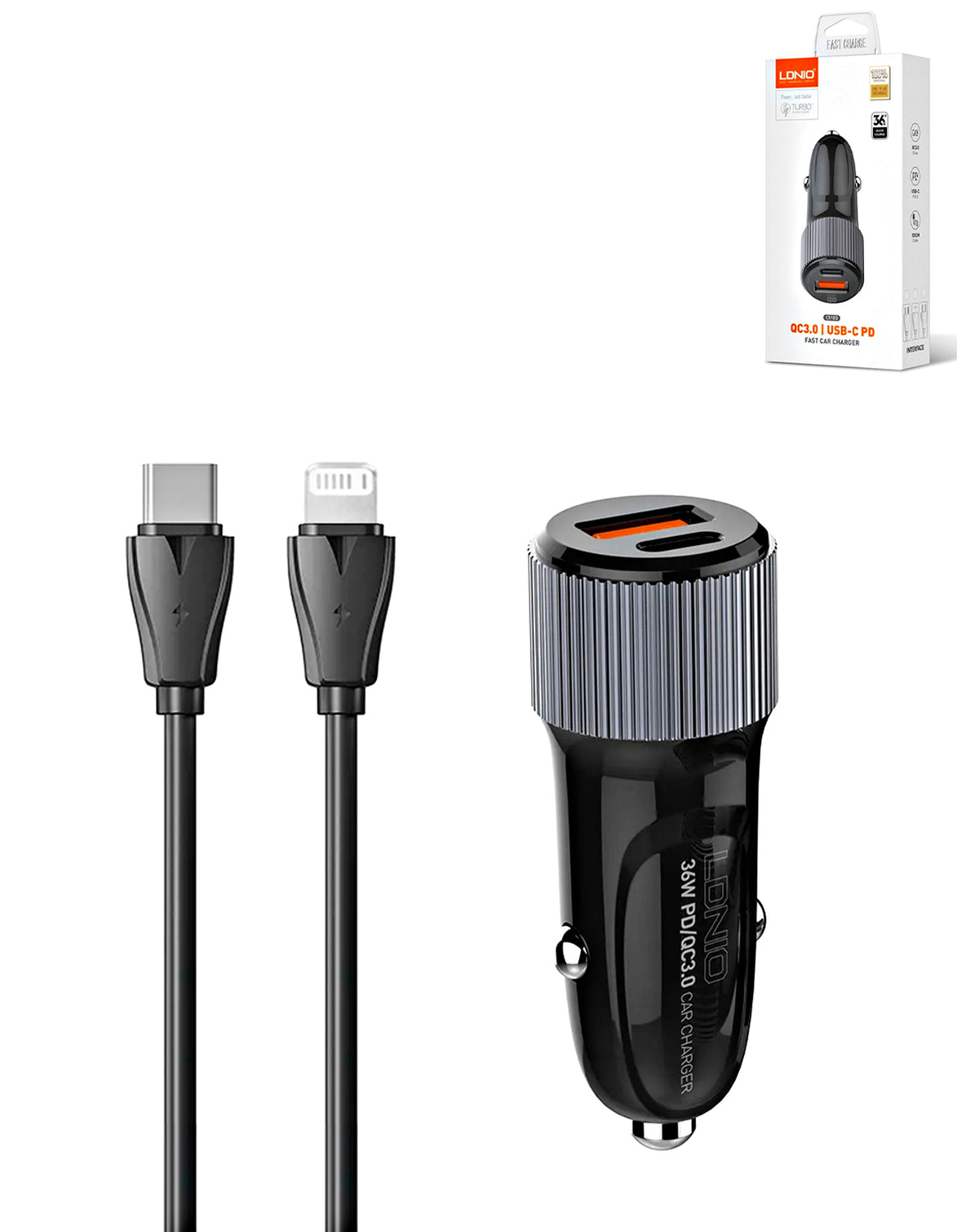 LDNIO C510Q Dual USB-A + USB-C Car Charger with USB-C to Lightning Cable — 36W, 3 ft