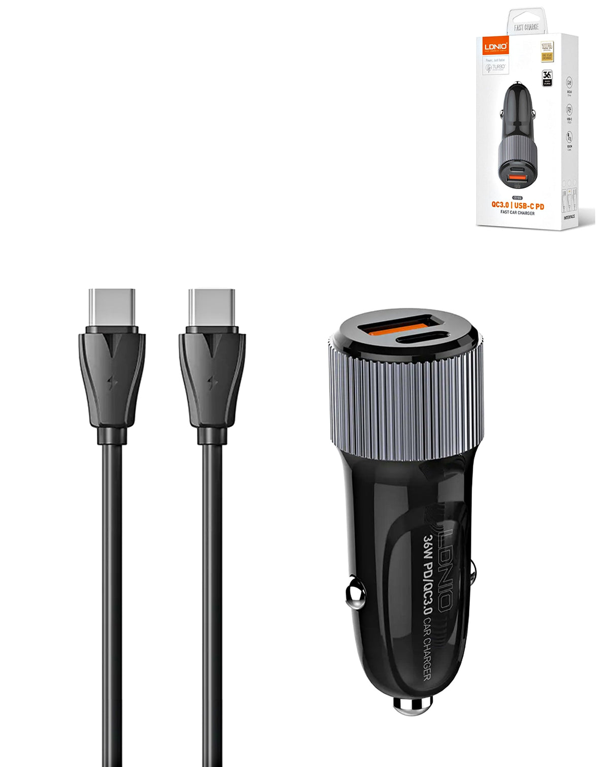 LDNIO C510Q Dual USB-A + USB-C Car Charger with USB-C to USB-C Cable — 36W, 3 ft