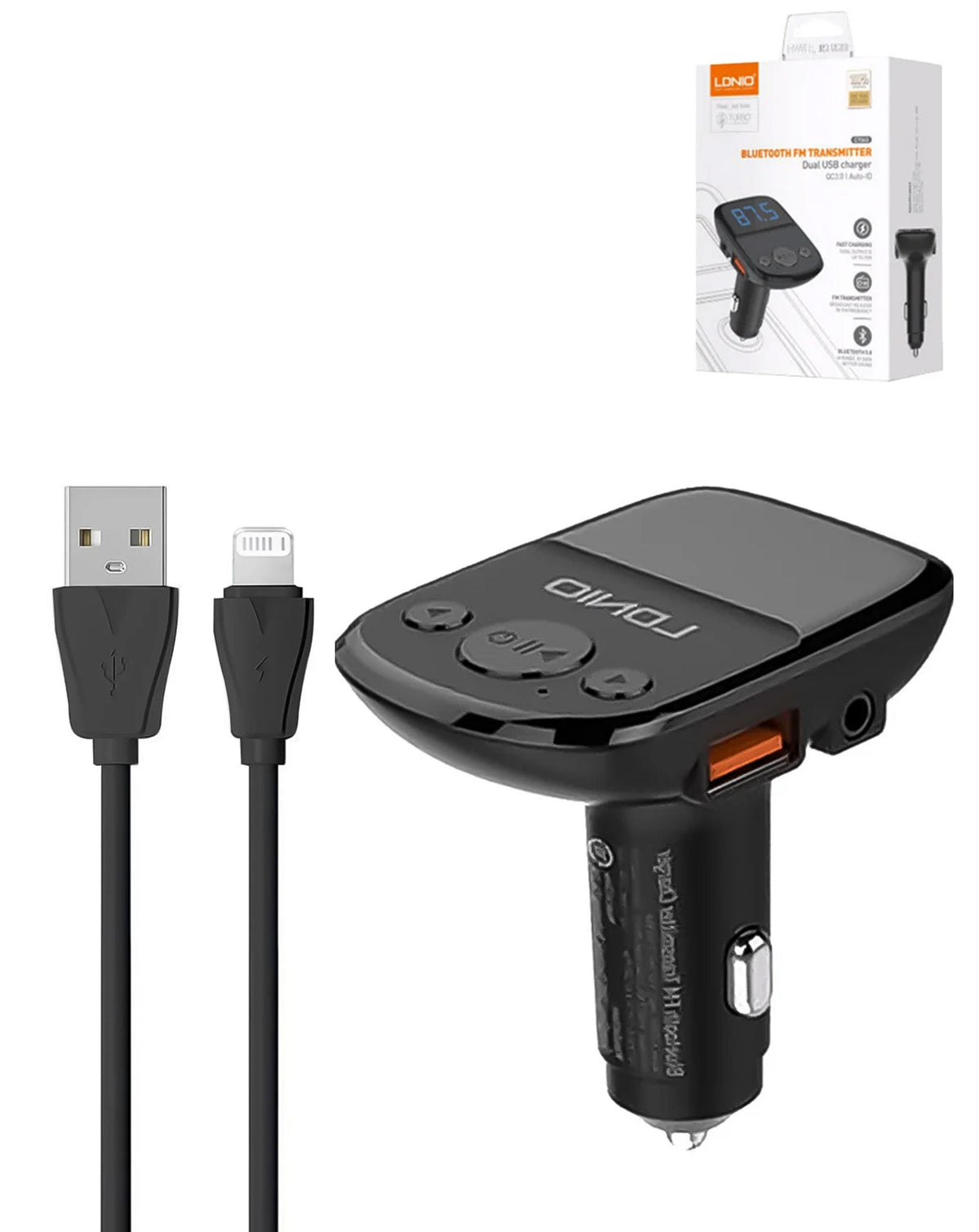 LDNIO C706Q Bluetooth FM Transmitter & Dual-Port Car Charger with USB-A to Lightning Cable — 25W, 3 ft