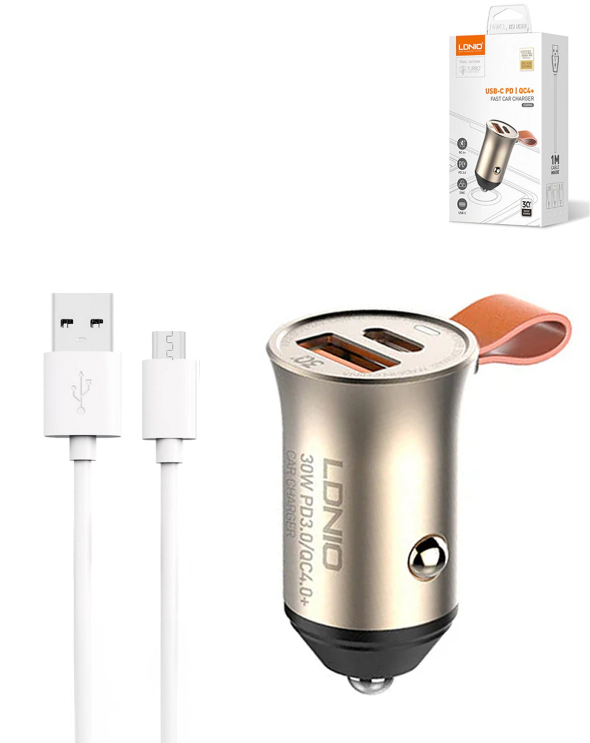 LDNIO C509Q Dual USB-A + USB-C Car Charger with USB-A to Micro USB Cable — 18W, 3 ft