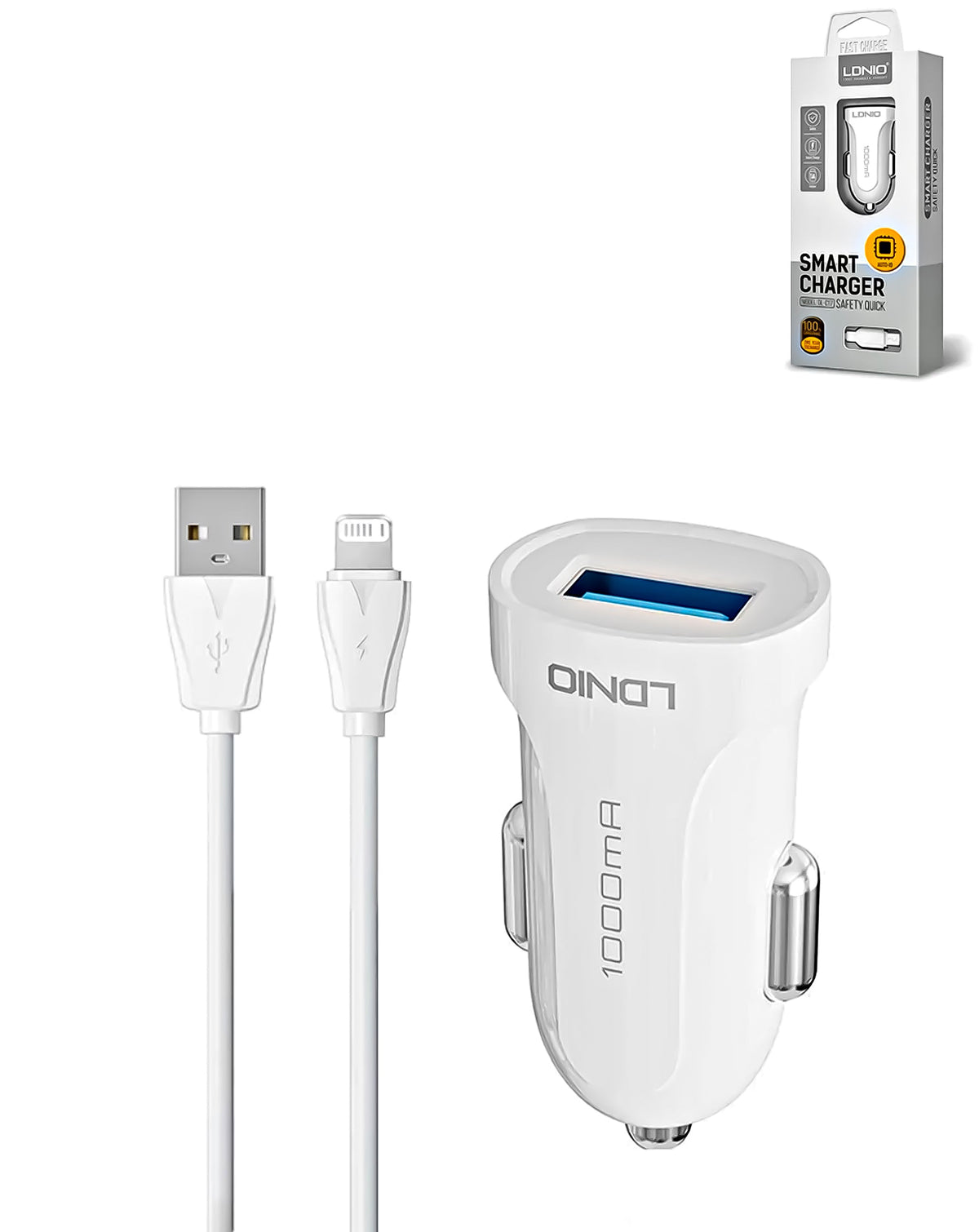LDNIO C17 1A USB-A Car Charger with Lightning Cable — 10W, 3 ft, White