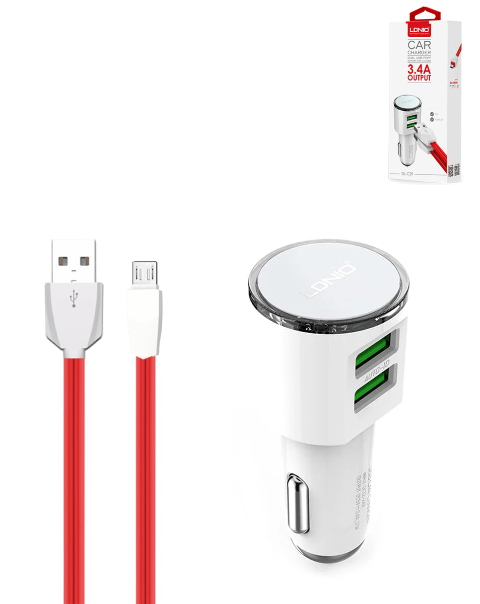 LDNIO C29 3.4A Dual USB-A Car Charger with USB-A to Micro USB Cable — 17W, 3 ft, Red