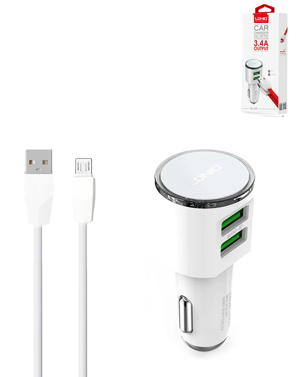 LDNIO C29 3.4A Dual USB-A Car Charger with USB-A to Micro USB Cable — 17W, 3 ft, White