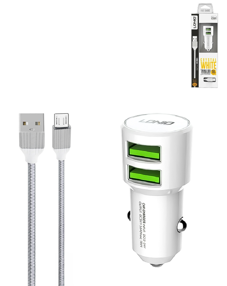 LDNIO C309 3.6A Dual USB-A Car Charger with USB-A to Micro USB Cable — 18W, 3 ft, White