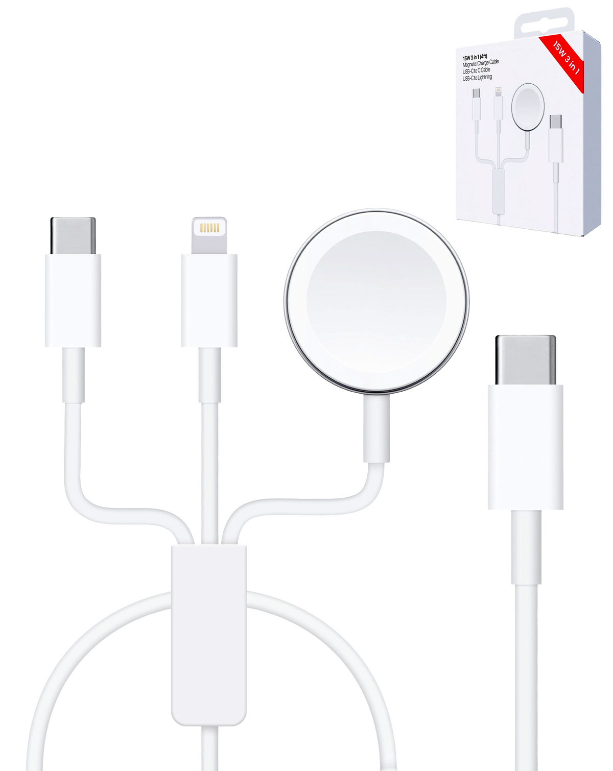 USB-C 3-in-1 Magnetic Watch Charging Cable with USB-C and Lightning Charger — 15W, 4 ft