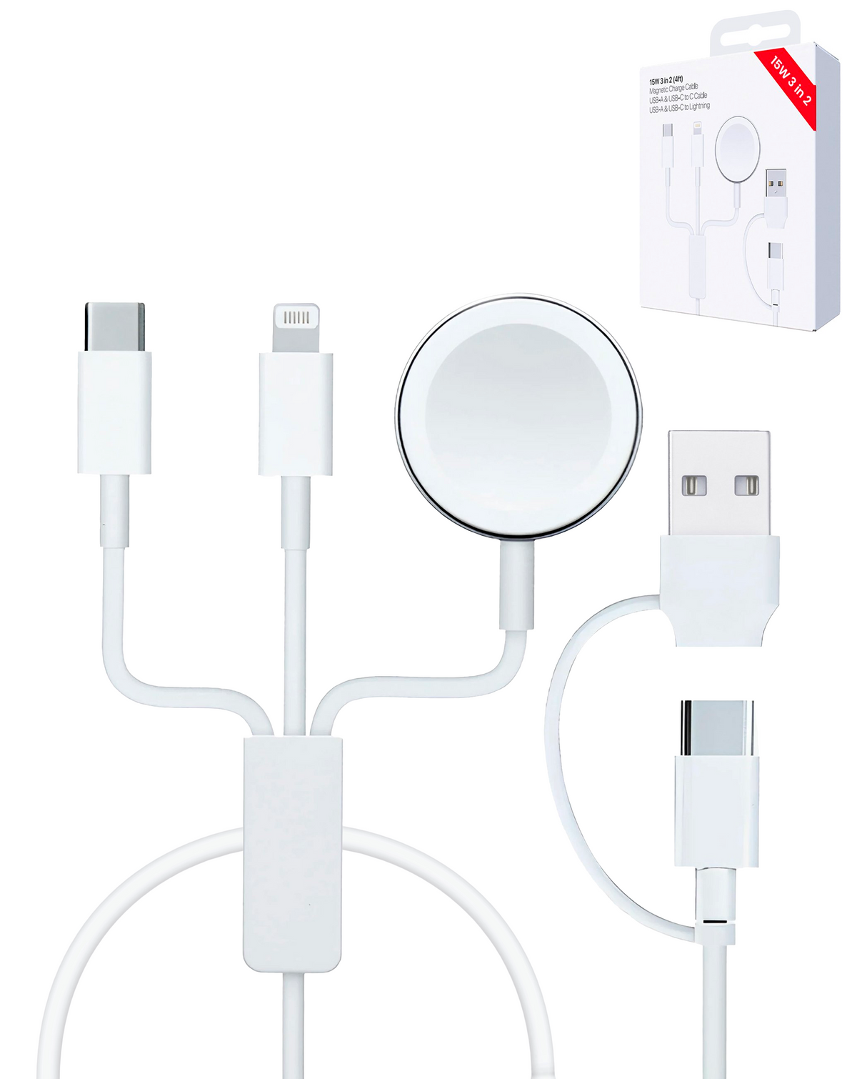 USB-C and USB-A 3-in-1 Magnetic Watch Charging Cable with USB-C and Lightning Charger — 15W, 4 ft