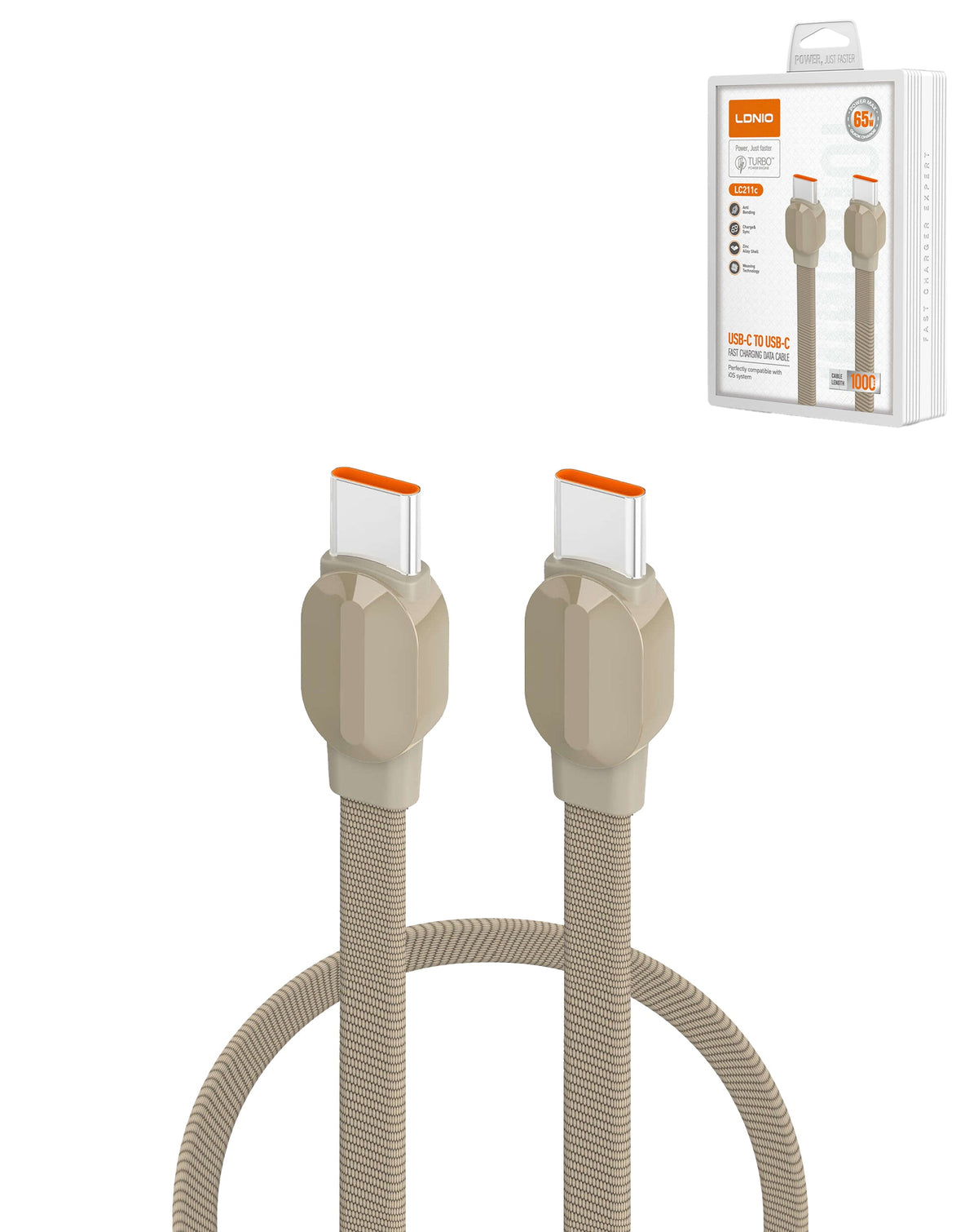 LDNIO LC211C USB-C to USB-C Fast Charging Cable — 65W, 3 ft, Titanium Gold