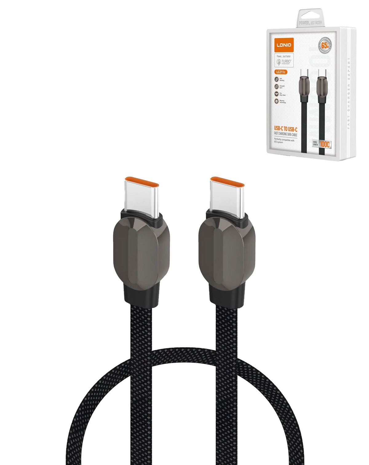 LDNIO LC211C USB-C to USB-C Fast Charging Cable — 65W, 3 ft, Gray