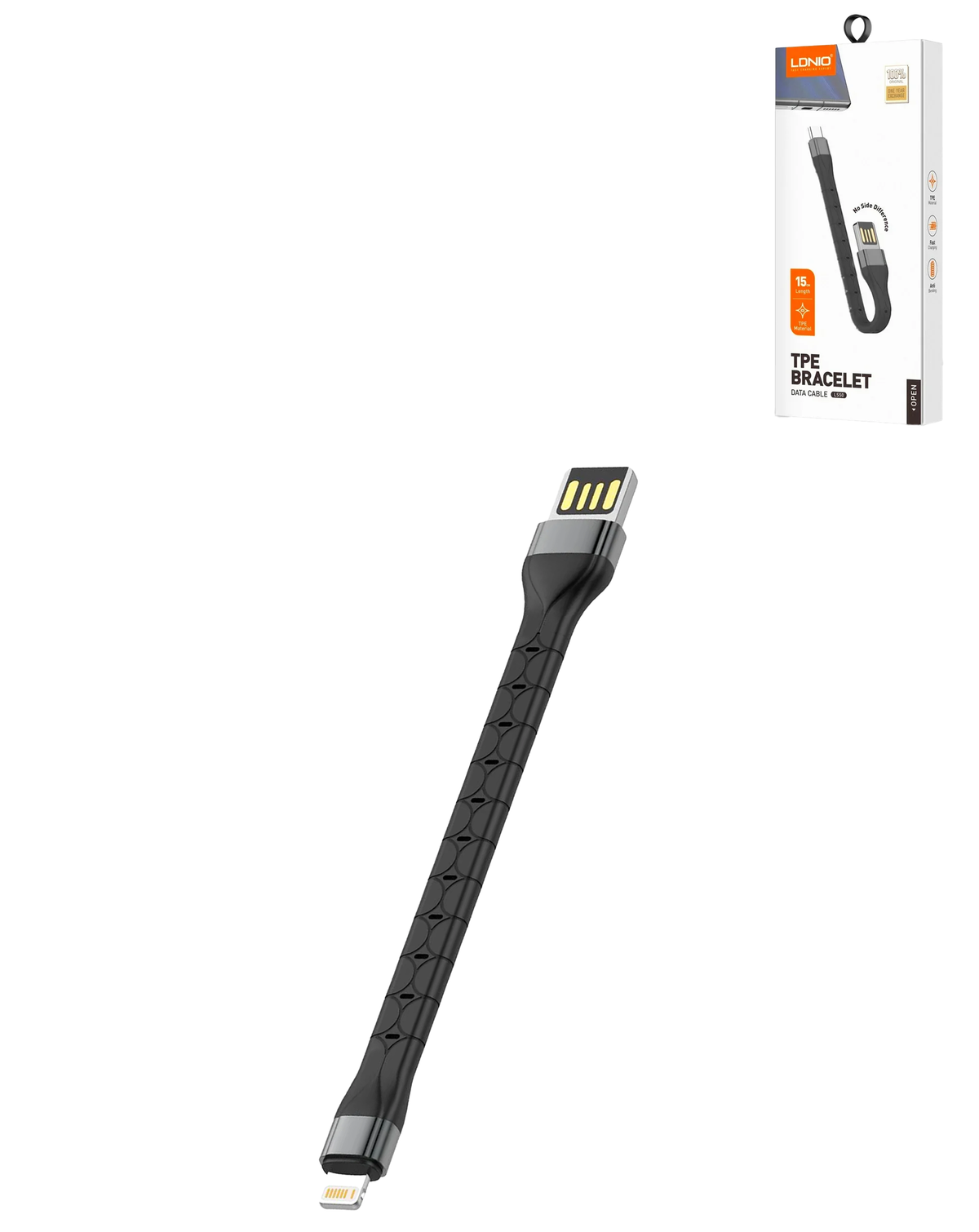 LDNIO LS50 USB-A to Lightning TPE Bracelet Charging Cable — 12W, 0.5 ft, Black