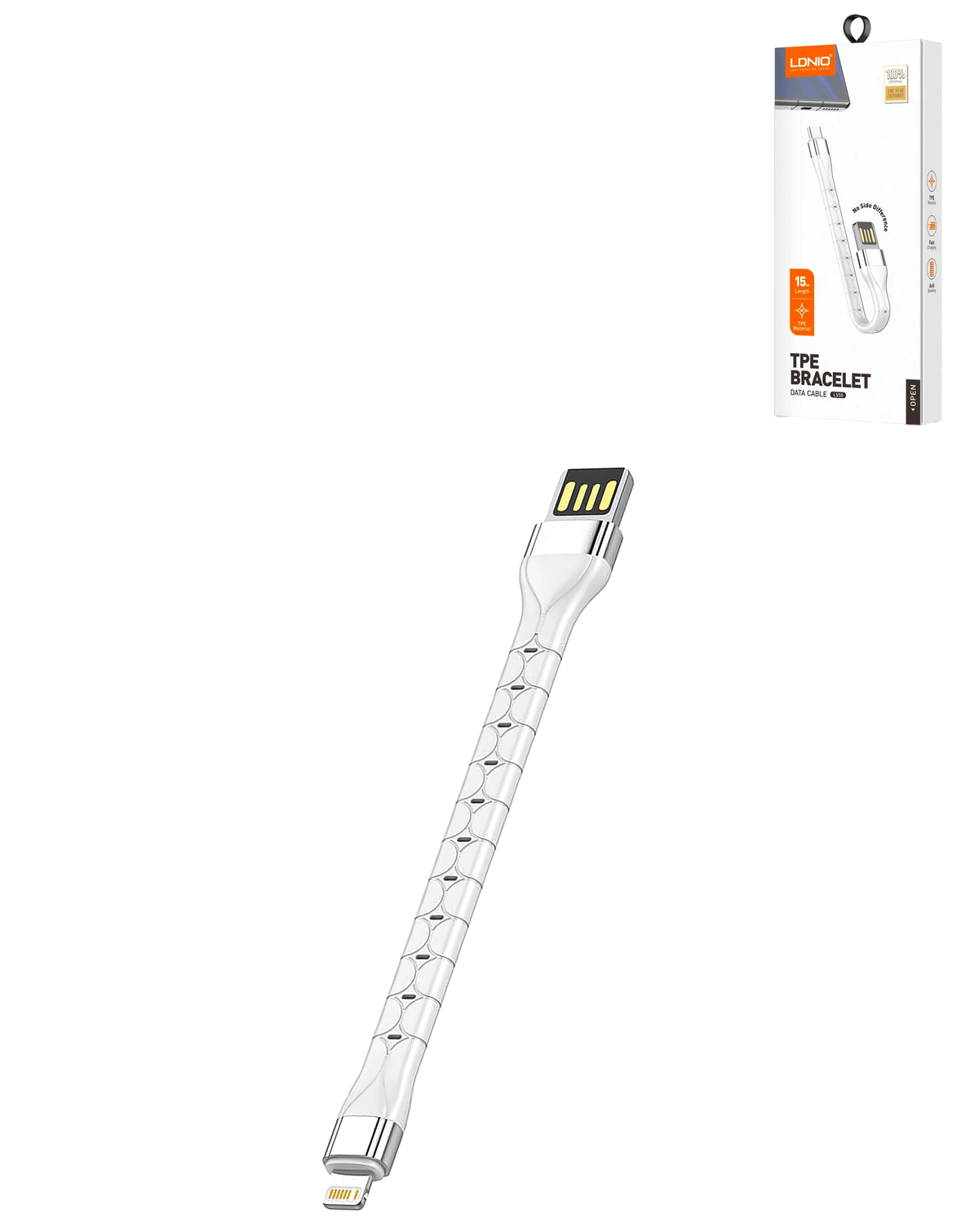 LDNIO LS50 USB-A to Lightning TPE Bracelet Charging Cable — 12W, 0.5 ft, White