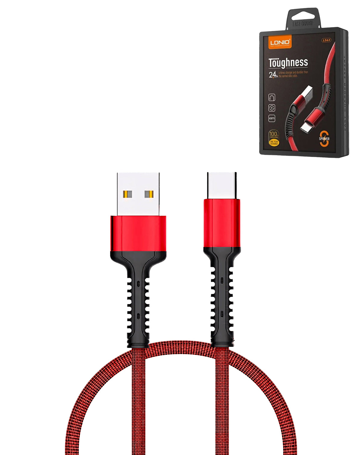 LDNIO LS63 USB-A to USB-C Braided Charging Cable — 12W, 3 ft, Red
