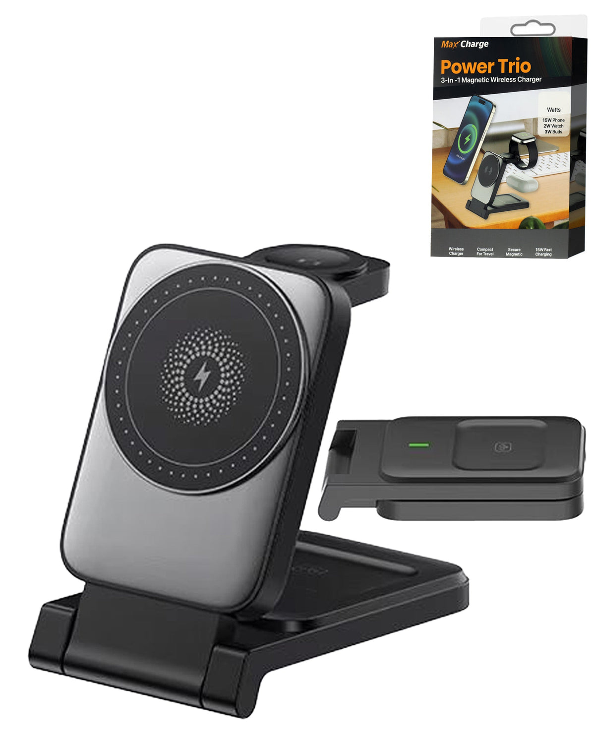 Power Trio 3-in-1 Foldable Wireless Charging Stand — 15W, Black