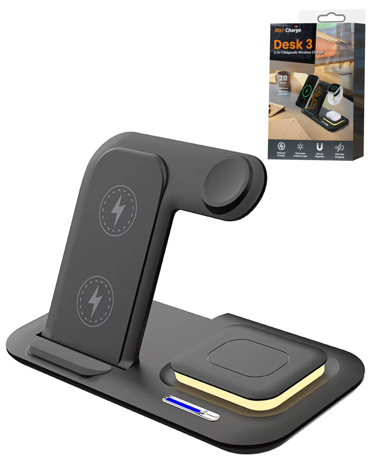 4-in-1 Wireless Charging Station with Touch Night Light — 15W, Black