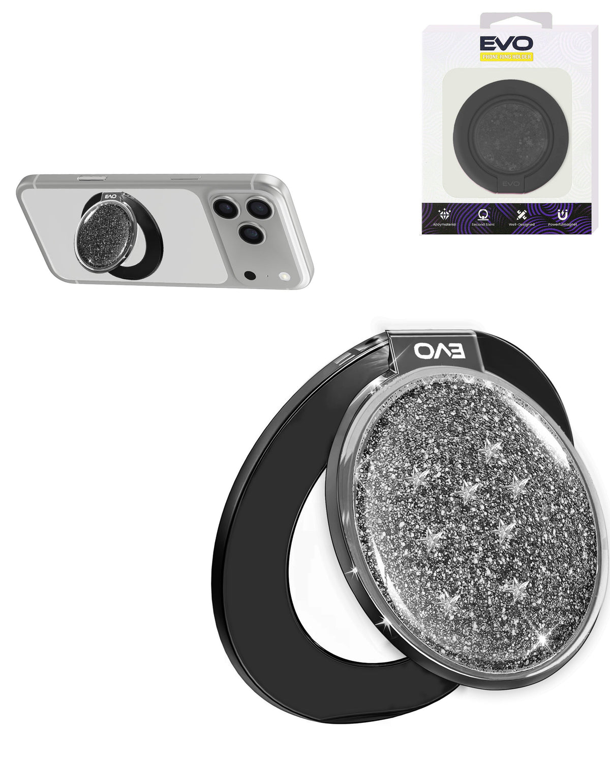 EVO CrystalRing Magnetic Glitter Phone Grip Stand Compatible with Wireless Charging — Black