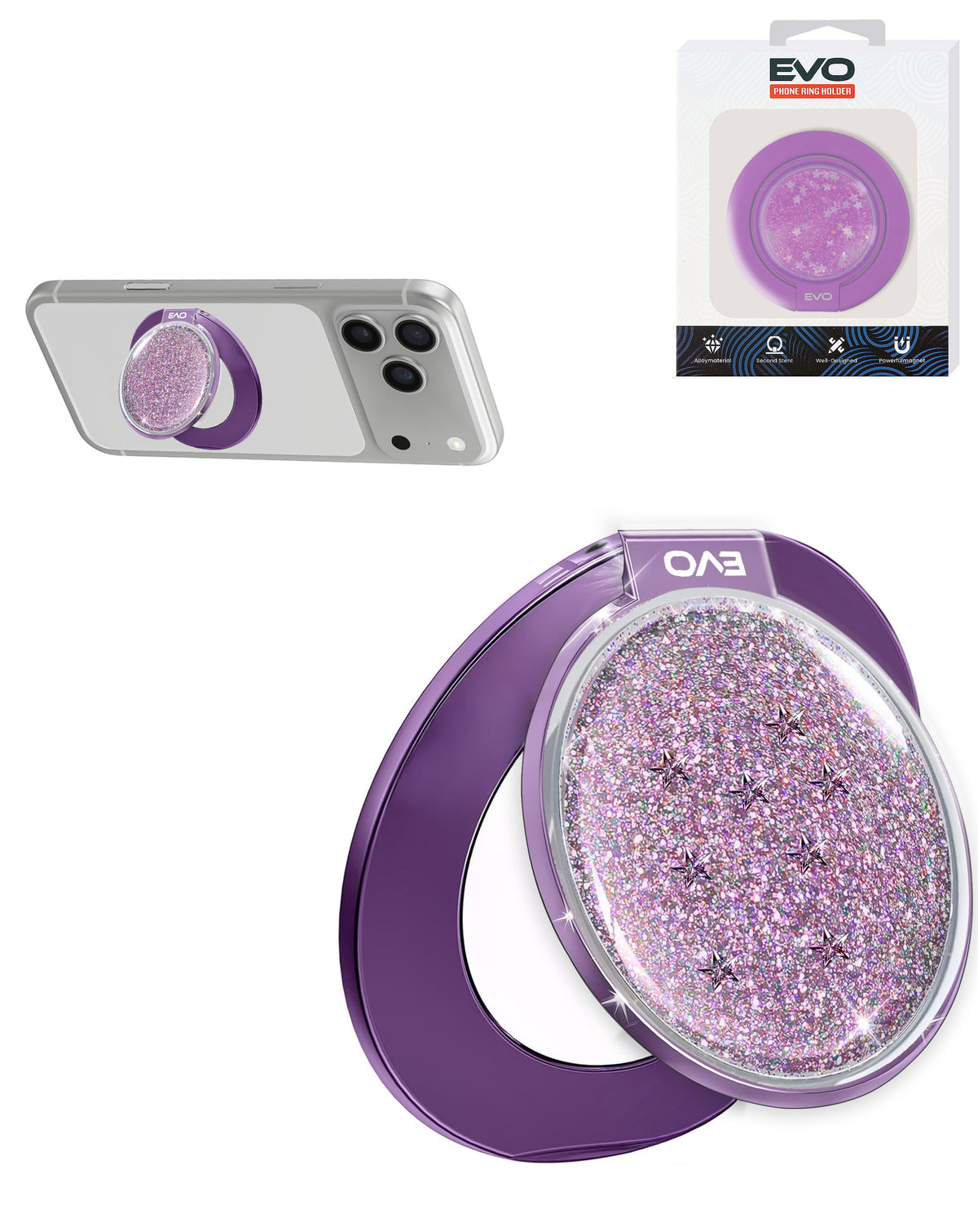 EVO CrystalRing Magnetic Glitter Phone Grip Stand Compatible with Wireless Charging — Purple
