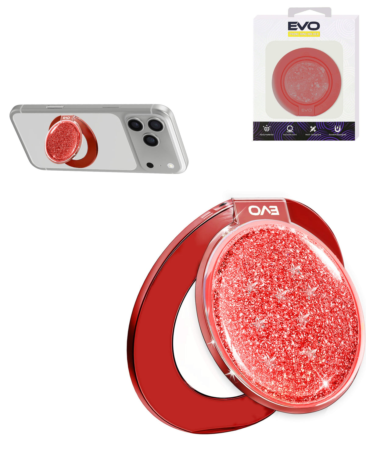 EVO CrystalRing Magnetic Glitter Phone Grip Stand Compatible with Wireless Charging — Red