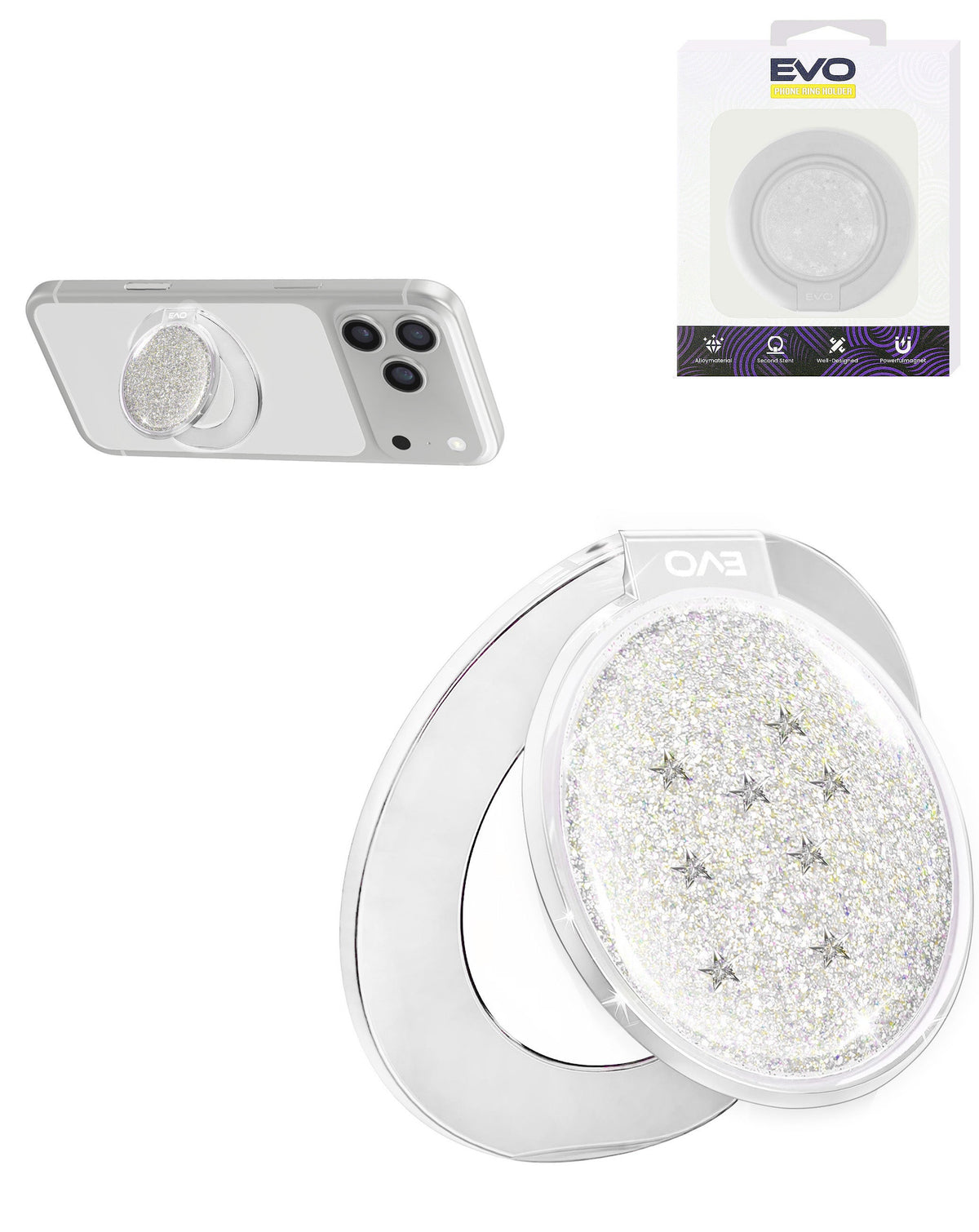 EVO CrystalRing Magnetic Glitter Phone Grip Stand Compatible with Wireless Charging — White