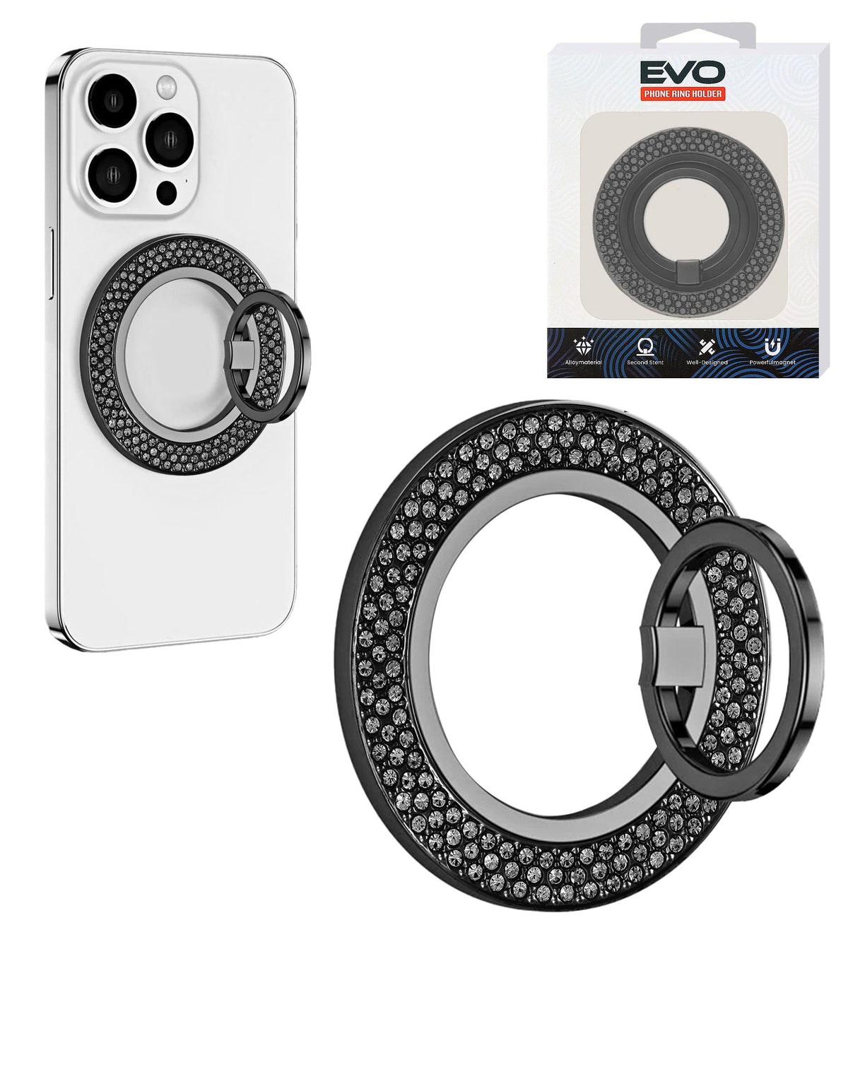 EVO PO1 Magnetic Phone Ring Compatible with Wireless Charging — Black