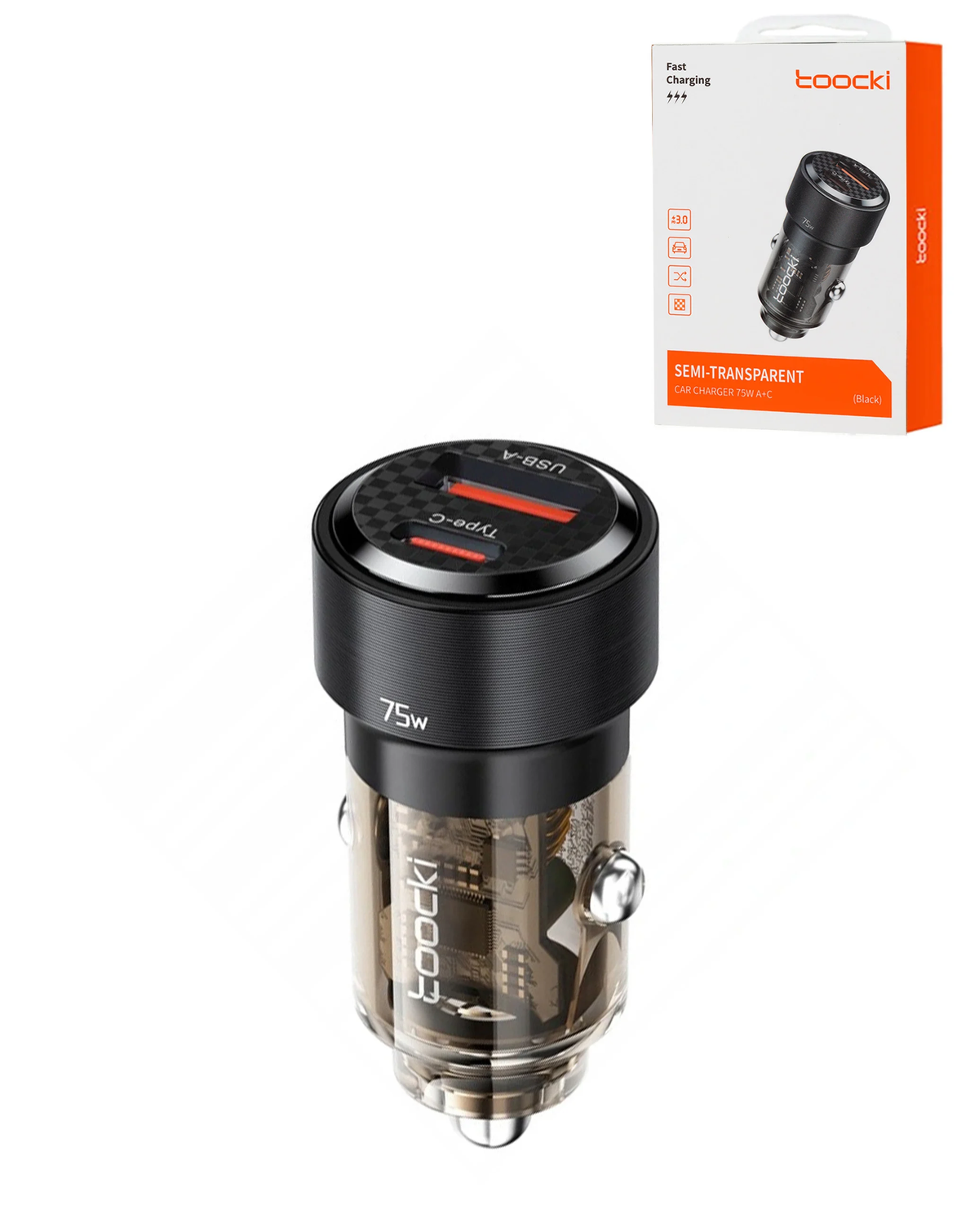 Toocki USB-C + USB-A Transparent Car Charger — 75W, Black