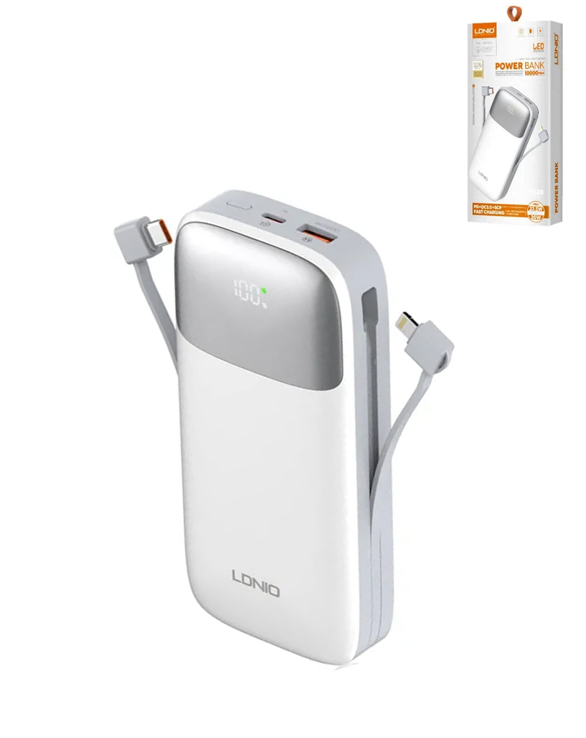 LDNIO PQ20 Power Bank with Digital Display — 20,000mAh, 22.5W, White