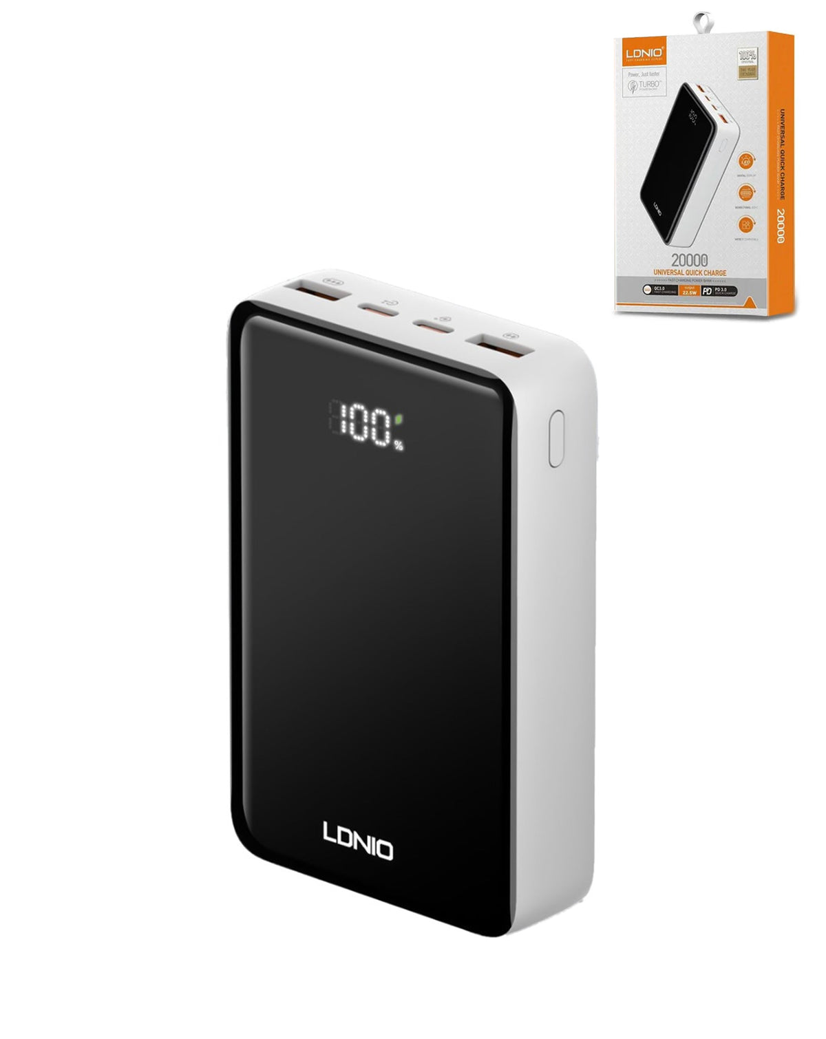 LDNIO PQ22 Power Bank with Digital Display — 20,000mAh, 22.5W, Black / White