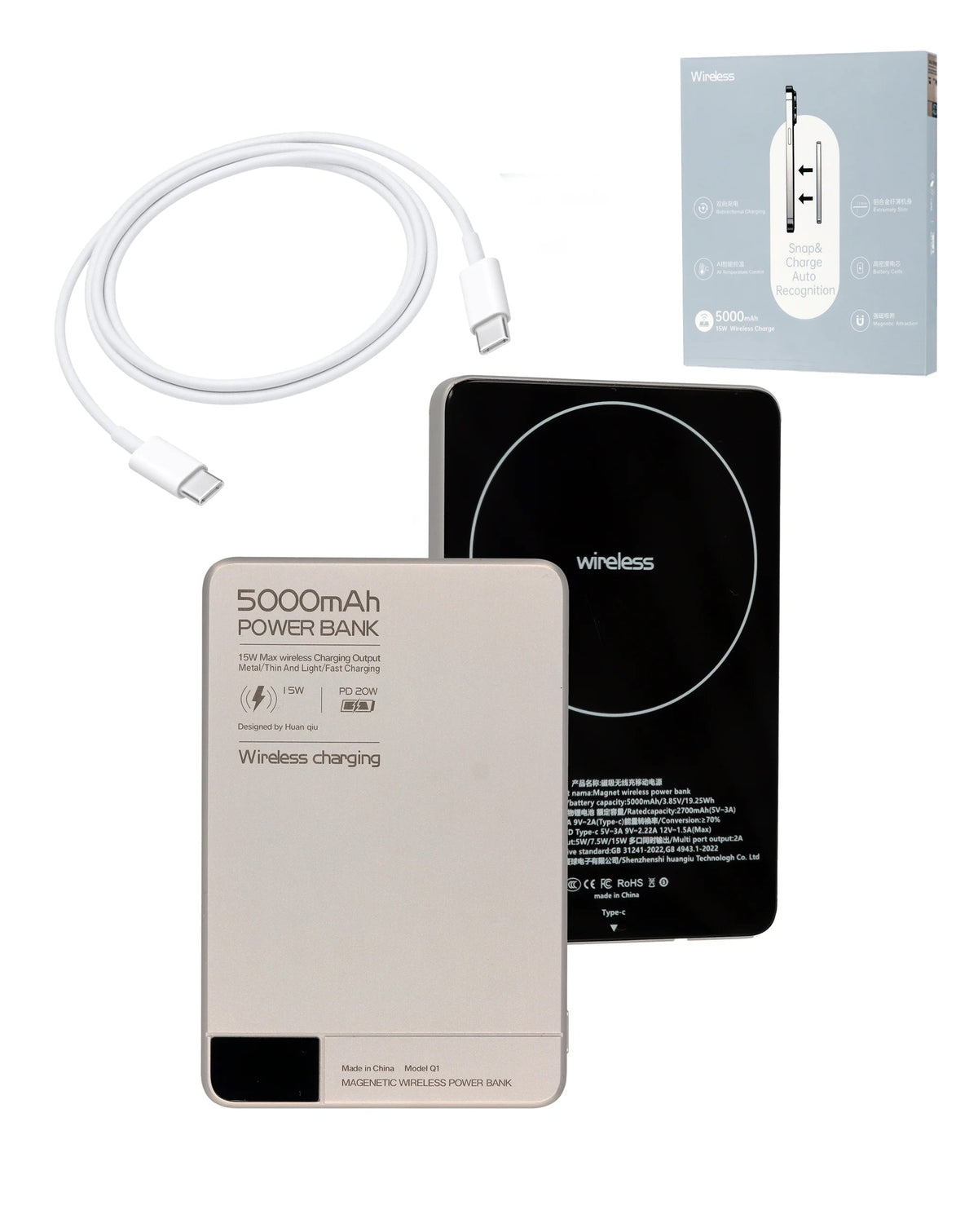 Q1 Magnetic Wireless Power Bank with USB-C — 5,000mAh, 15W Wireless / 20W USB-C