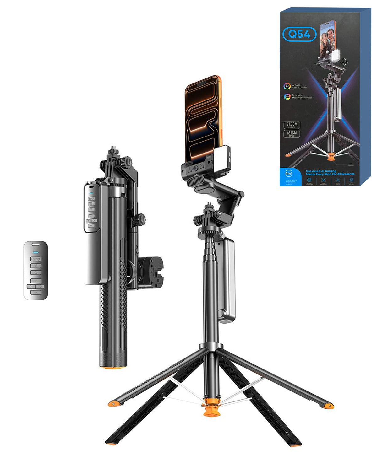AI Face-Tracking Selfie Stick Tripod with Remote — Black