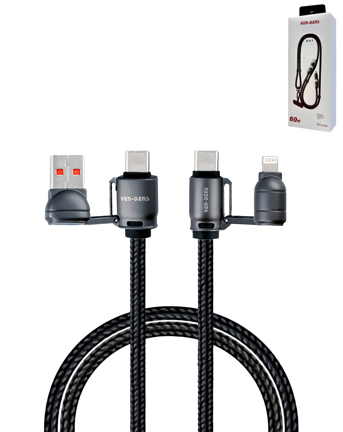 Ven-Dens USB-A / USB-C to USB-C / Lightning Fast Charging Cable with Lanyard — 60W, 6 ft, Black