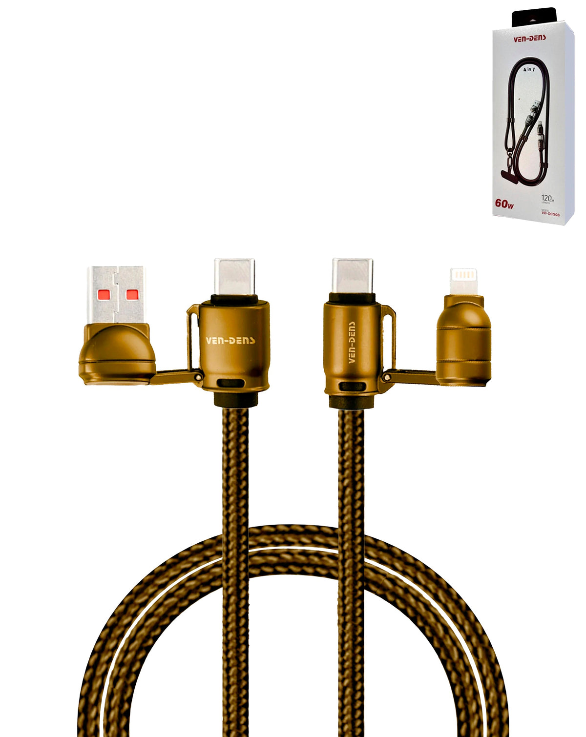 Ven-Dens USB-A / USB-C to USB-C / Lightning Fast Charging Cable with Lanyard — 60W, 6 ft, Gold